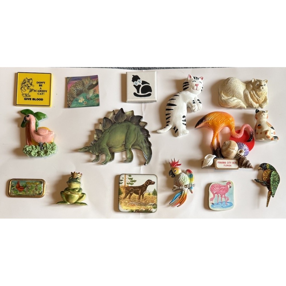 Vtg Animal Fridge Refrigerator Magnets Lot Of 15 Cat Dinosaur Flamingo Bird Frog